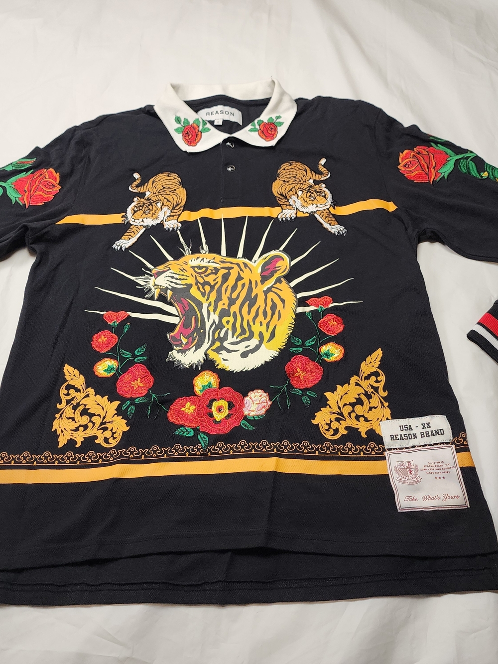 Reason Men's Polo Shirt Long-Sleeve Embroidered Roaring Tiger Graphic